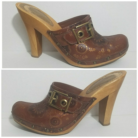 BCBGirls brown leather open back clog mules heels - Picture 3 of 8